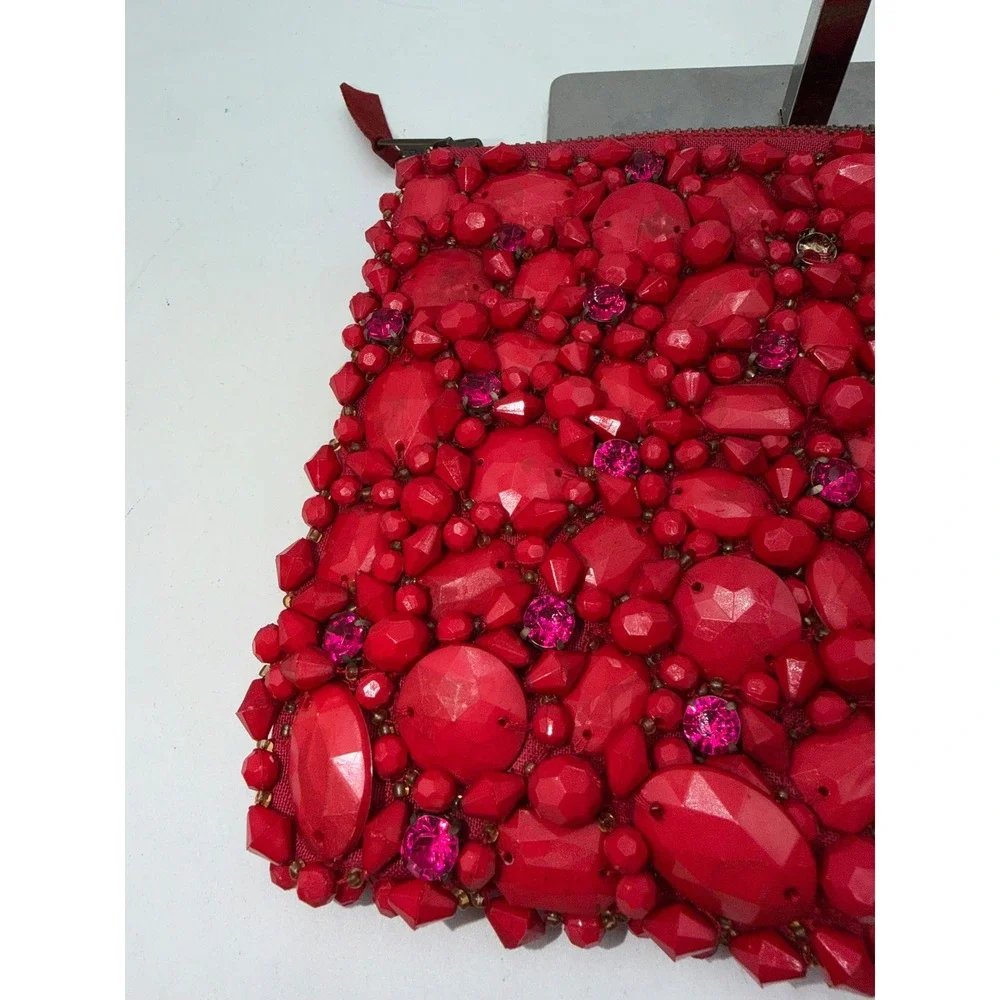 Red Beaded Rhinestone Embellished Zip Clutch Evening Bag with Spare Beads